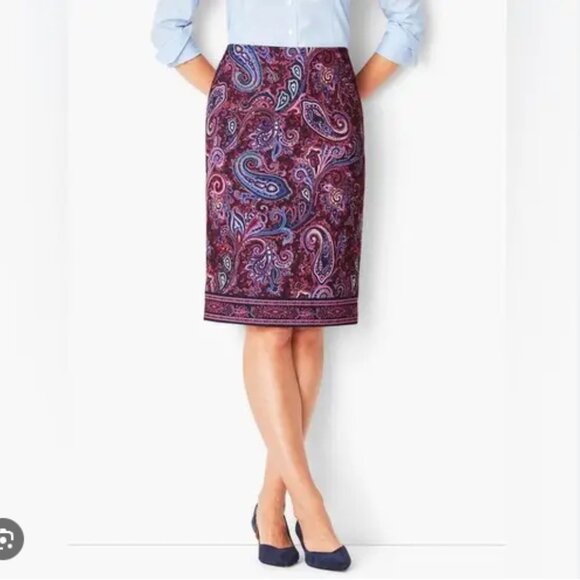 Talbots Paisley Print Pencil Skirt Purple Preppy Teacher Fall Knee Length Sz 12 - Picture 1 of 5